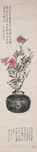 A CHINESE SCROLL PAINTING OF FLOWERS  ,HUANG BIN HONG MARK