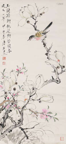 A CHINESE SCROLL PAINTING OF FLOWERS AND BIRDS , TANG SHI MA...