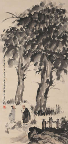 A CHINESE SCROLL PAINTING OF SCHOLARS UNDER THE TREES ,FU BA...