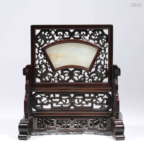 A CHINESE WHITE JADE TABLE SCREEN AND WOODEN STAND