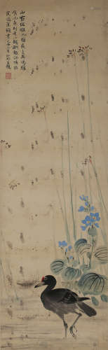 A CHINESE SCROLL PAINTING OF FLOWERS AND BIRDS, LU LIUFEI MA...