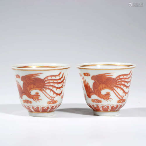 A PAIR OF CHINESE PORCELAIN IRON-RED-GLAZED DRAGON AND PHOEN...