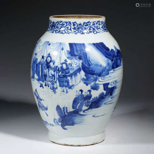 A CHINESE PORCELAIN BLUE AND WHITE PEOPLE JAR