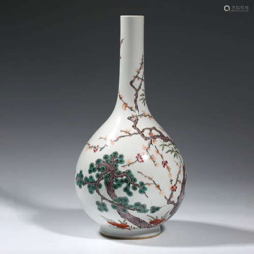 A CHINESE PORCELAIN FAMILLE ROSE PINES AND FLOWERS VASE