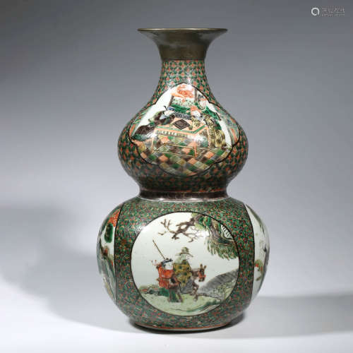 A CHINESE PORCELAIN WUCAI STORY DOUBLE-GOURD VASE