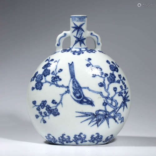 A CHINESE PORCELAIN BLUE AND WHITE BIRDS AND FLOWERS MOONFLA...