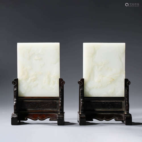 A PAIR OF CHINESE WHITE JADE TABLE SCREENS AND STANDS