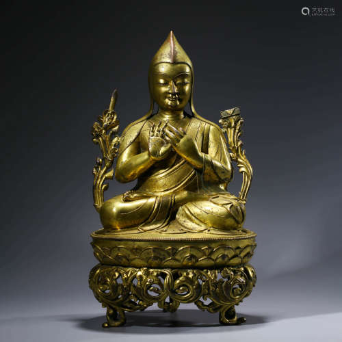 A CHINESE GILT-BRONZE TSONG-KHA-PA STATUE