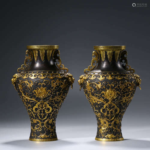 A PAIR OF GILT-BRONZE BEAST VASES