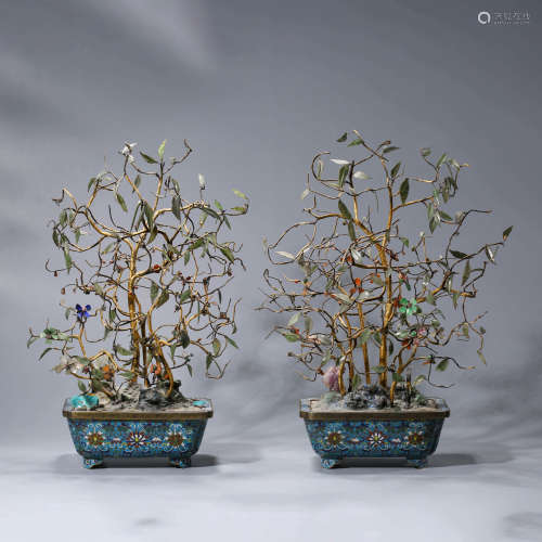 A PAIR OF CLOISONNE ENAMEL INTERLOCKING BRANCHES JARDINIERES