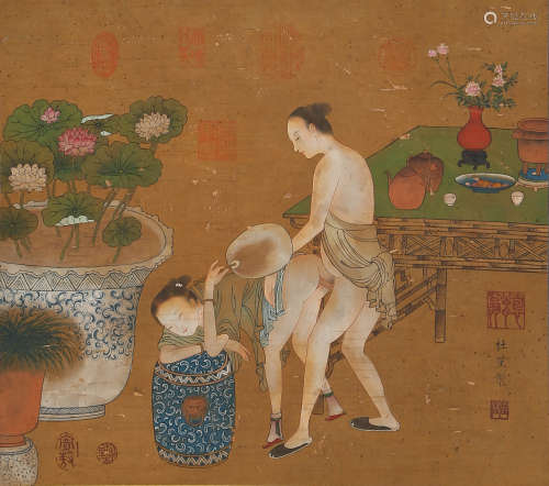 A CHINESE SCROLL PAINTING OF A STORY IN THE YARD, DU JIN MAR...