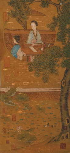 A CHINESE SCROLL PAINTING OF A STORY IN THE YARD, LI ZAN HUA...