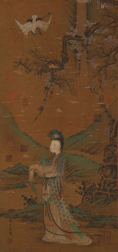 A CHINESE SCROLL PAINTING OF A LADY AND A BIRD, ZHANG YAN YU...
