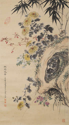 A CHINESE SCROLL PAINTING OF FLOWERS AND A ROCK  WANG XUE TA...