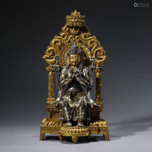 A CHINESE SILVER AND GILT-BRONZE MAITREYA STATUE