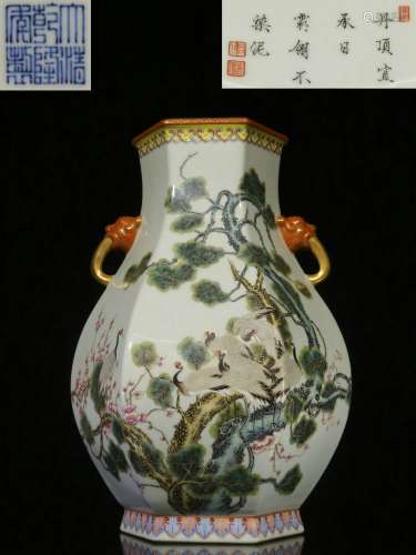Overseas Backflow.  Chinese Hexagonal Famille Rose Vase