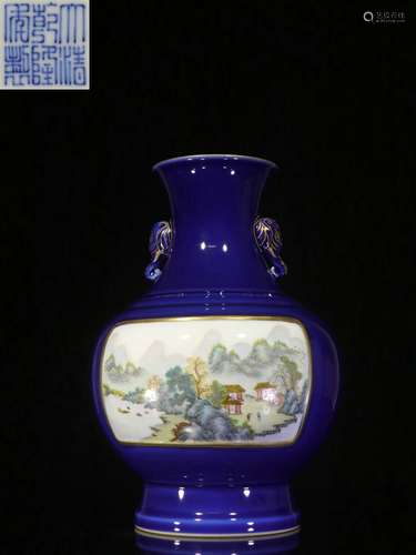 Overseas Backflow.Chinese Blue-glazed Famille Rose Vase