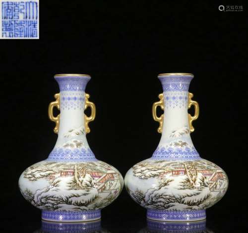 Overseas Backflow.  A Pair of Chinese Famille Rose Vases