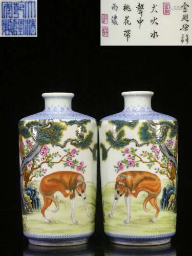Overseas Backflow . A Pair of Chinese Famille Rose Vases