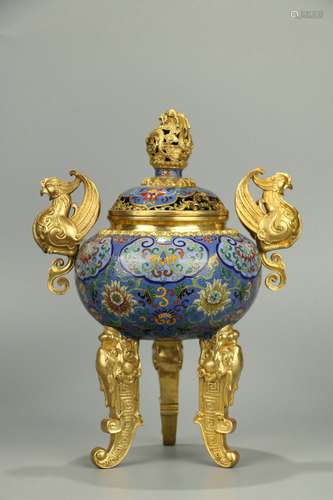 Gilt Copper Bodied Filigree Enamel Incense Burner