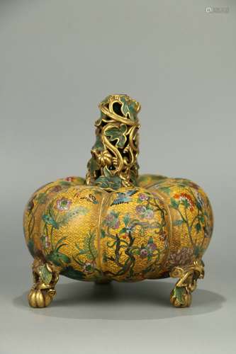 Gilt Copper Bodied Filigree Enamel Tripod Pumpkin-shaped Cen...