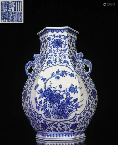 Overseas Backflow.Chinese Blue-and-white Hexagonal Vase