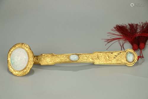 Gilt Copper Bodied Ruyi Ornament with Jadeite Inlay