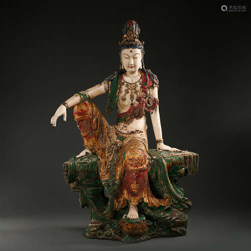 OLD CHINESE WOODEN CARVING GUANYIN SEATED STATUE