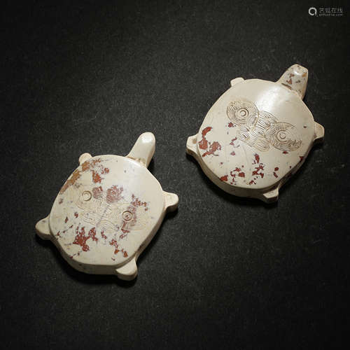 A PAIR OF CHINESE LIANGZHU CULTURE WHITE JADE TURTLES