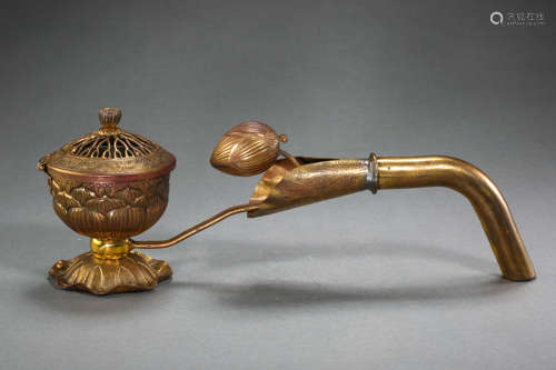 GILT BRONZE INCENSE BURNER WITH LOTUS HANDLE IN QING DYNASTY...