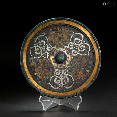 BRONZE MIRROR INLAID WITH GOLD AND SILVER, THE WARRING STATE...