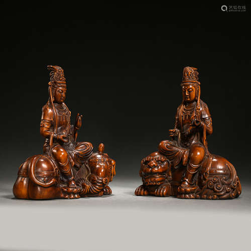 A GROUP OF CHINESE QING DYNASTY BOXWOOD CARVED GUANYIN SEATE...