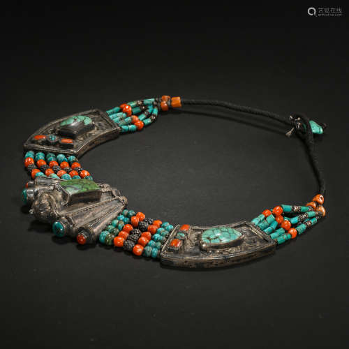 OLD CHINESE STERLING SILVER INLAID CORAL NECKLACE