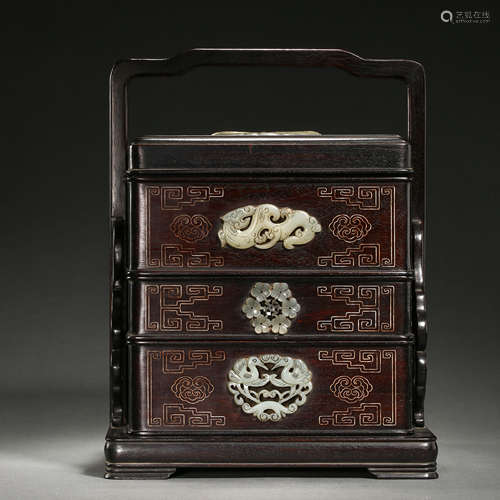 CHINA QING DYNASTY RED SANDALWOOD INLAID HETIAN JADE GIFT BO...