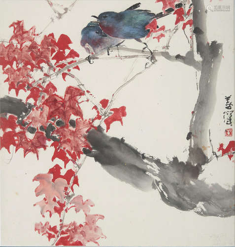 Yang Shanshen (1913-2004) Birds amongst Autumn Leaves