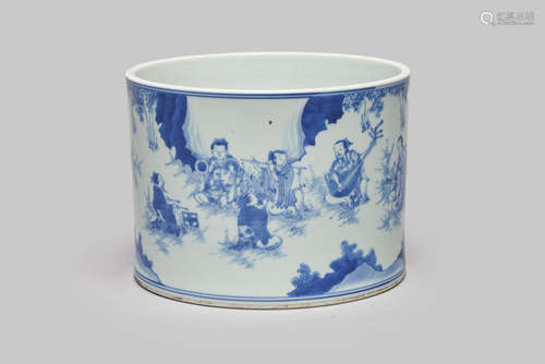 A blue-and-white 'Seven Sages of the Bamboo Grove' brush pot