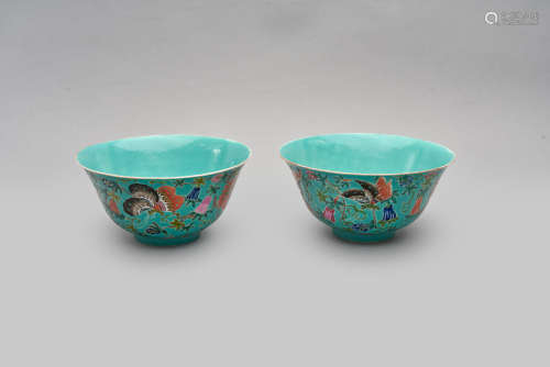 A pair of tuiquoise-ground 'butterfly' bowls Jiaqing iron-re...