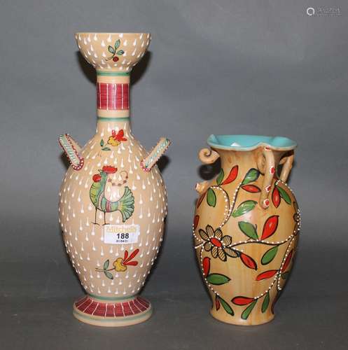 An Italian Santucci Duruti pottery two-handled vase, decorat...