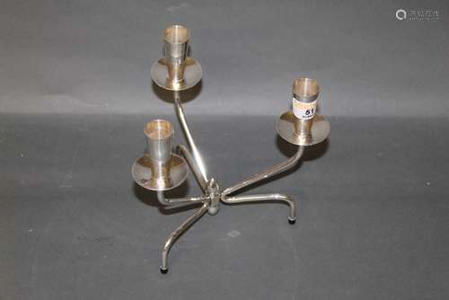 A Danish white metal three sconce table candelabra of modern...