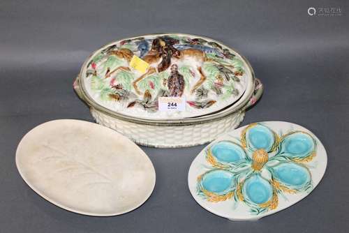 A Victorian Majolica oval two handled game dish and cover, 2...