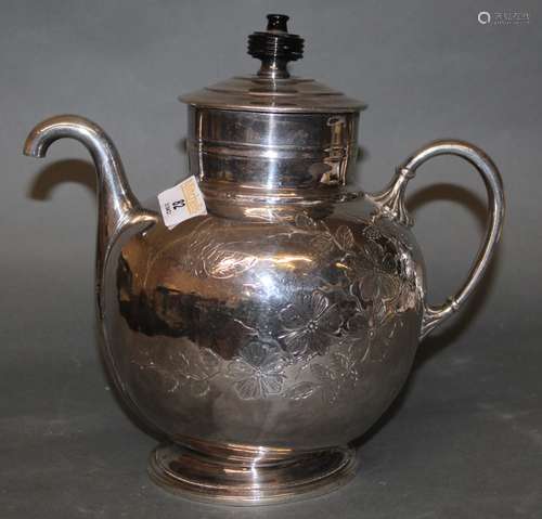 A Victorian silver plated pump action bulbous teapot, engrav...