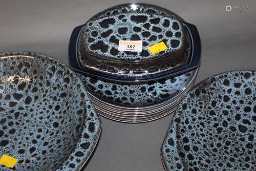 A Poole mottled blue glazed pottery part dinner service, com...