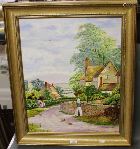 A Stanborough, amateur oil on board, country lane with figur...