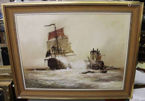 Oil on canvas, galleons, indistinctly signed, framed, 60 cm ...