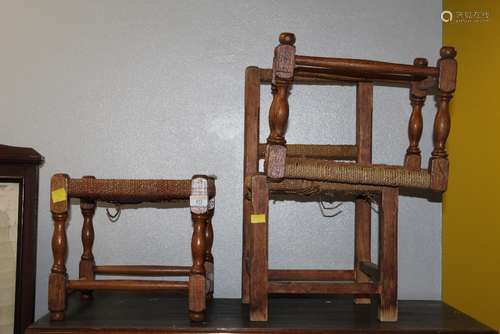 A pair of early 20th century oak square string seat stools w...