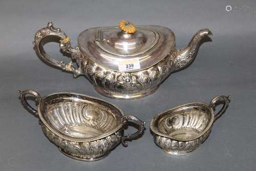 A Victorian silver plated three piece tea service, with squa...