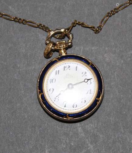 A Pontifa enamelled and gilt metal pendant fob watch on gilt...