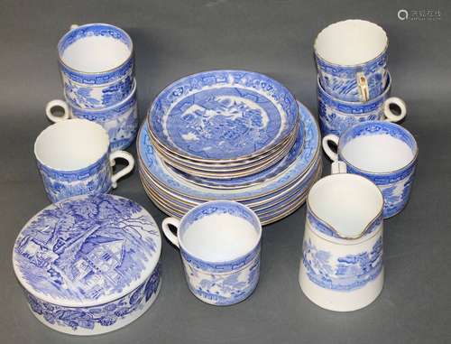 A CWS blue and white pottery Willow pattern part tea service...