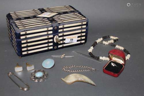 A 19th century bone and blue cloth rectangular jewellery box...