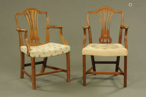 A pair of mahogany open armchairs, with pierced splat backs,